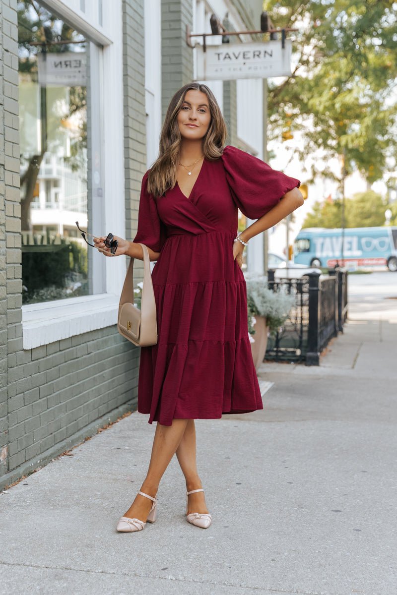 Wine Tiered Midi Wrap Dress