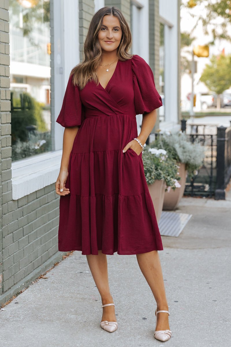 Wine Tiered Midi Wrap Dress