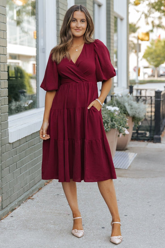Wine Tiered Midi Wrap Dress