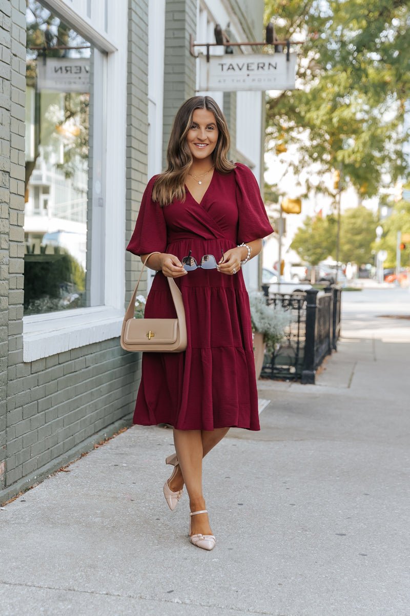 Wine Tiered Midi Wrap Dress